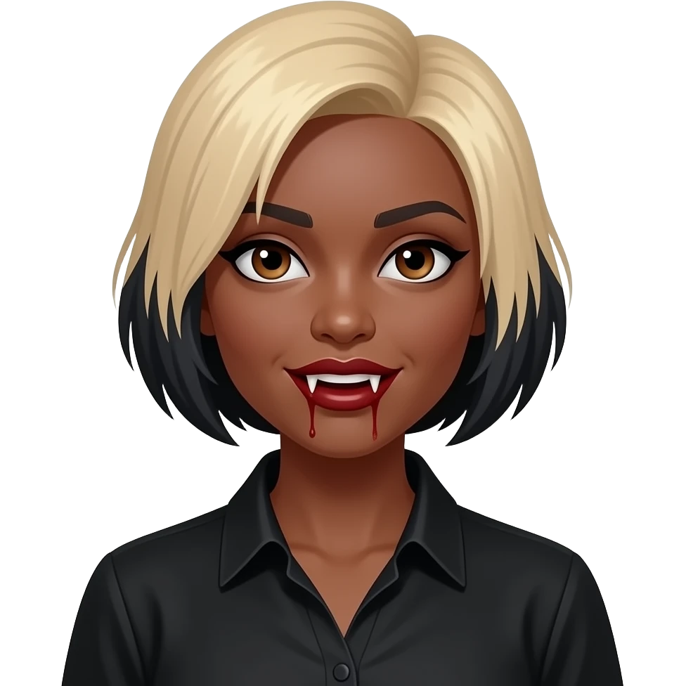 women blond short hair with black roots to the side, black skin, brown eyes, black shirt,  dracula teeth with blood on the fangs emoji