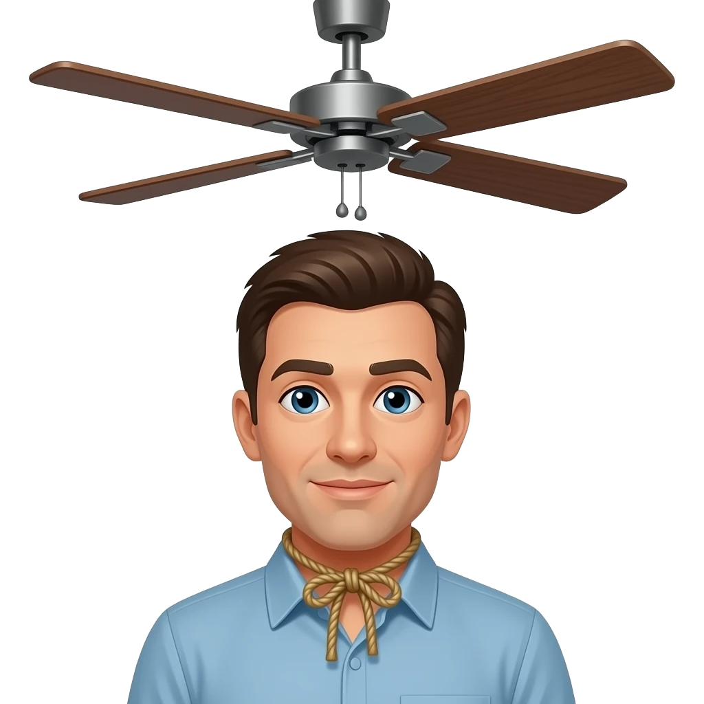 A man hanging to  ceiling fan with string tied to neck doing suicide emoji