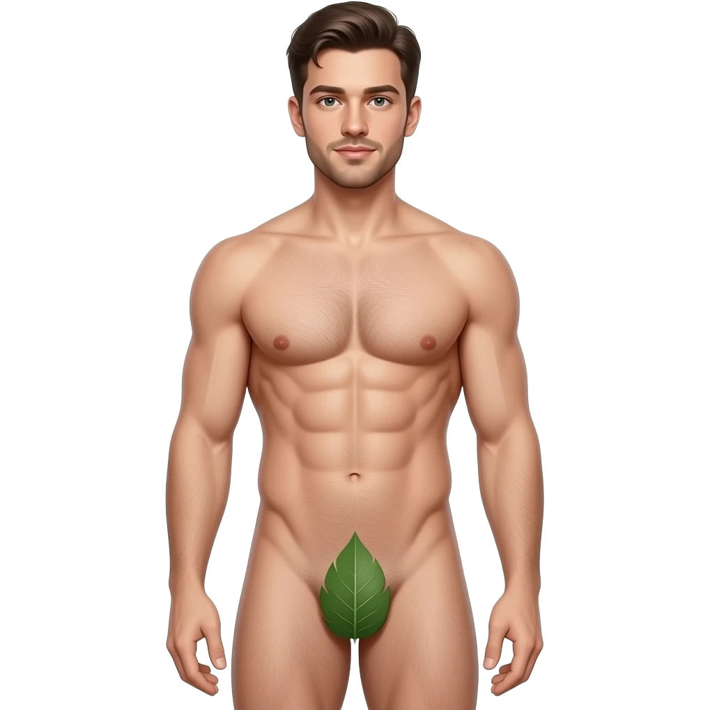 A guy about 23 years old, handsome, full-length, completely naked, has six-pack abs, his genitals are covered by a leaf , He has natural body hair on his arms, legs, and a faint line of hair below his navel. emoji