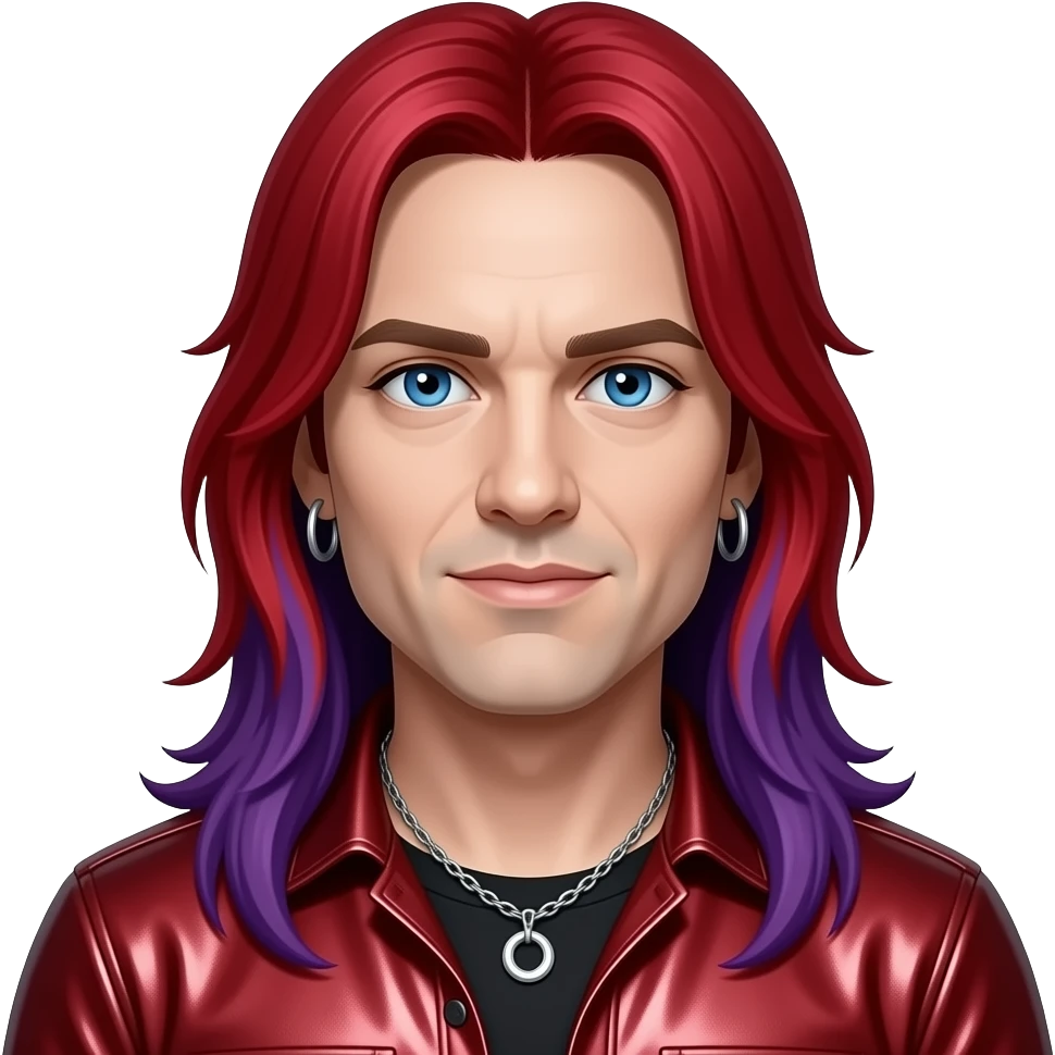 Corey Taylor with blue eyes, long red and purple hair, red metallic shirt, silver necklace and short earrings emoji