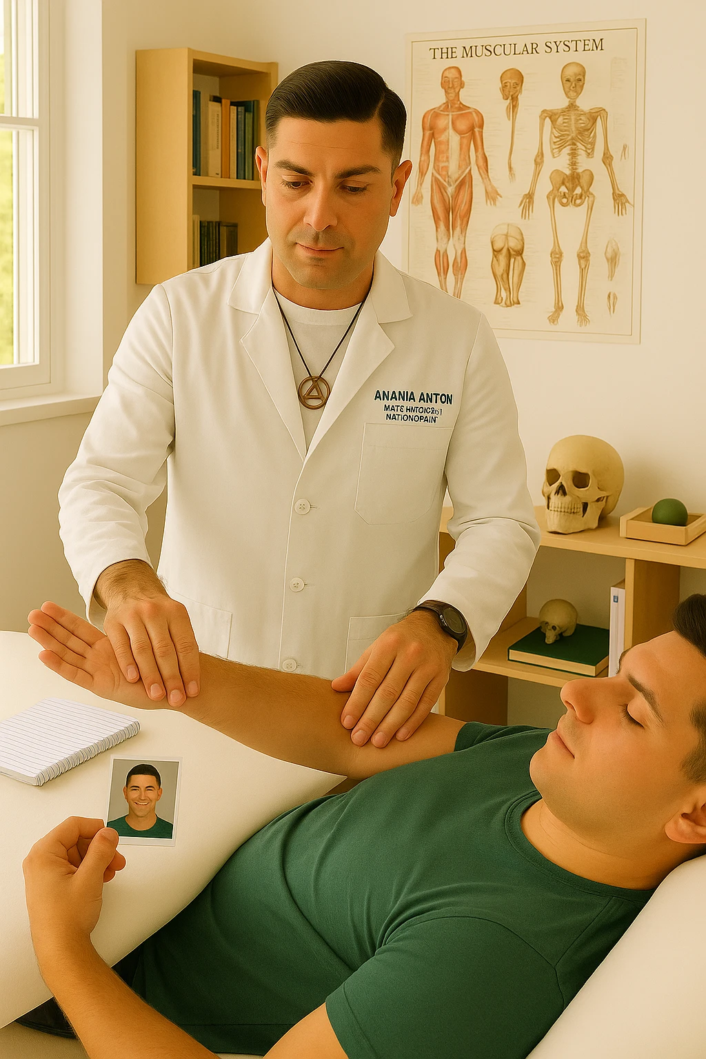 a middle-aged man, dressed in casual professional attire, is in a bright, organized therapy studio. Durante una visita di kinesiologia, il ragazzo tiene con una mano la foto di una persona lontana (il “testimone”) tiene la foto in mano, mentre con l’altra mano esegue un test muscolare su un cliente presente senza foto lui non tiene la foto. Sullo sfondo si vedono libri di kinesiologia, poster anatomici e strumenti tipici della disciplina. L’atmosfera è concentrata e serena, con luce naturale che entra dalla finestra, sottolineando l’aspetto alternativo e umano della pratica. emoji