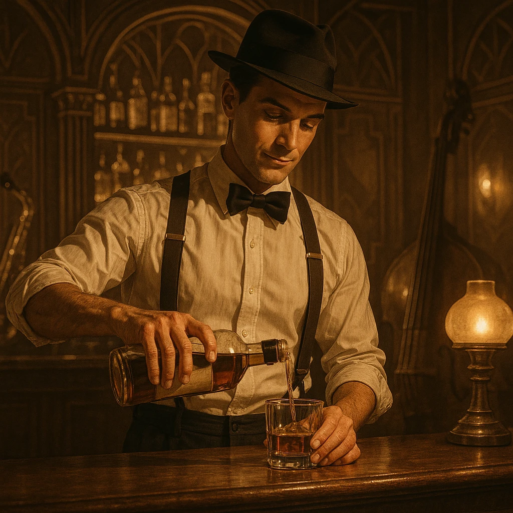 A speakeasy bartender, bow tie and suspenders, pouring whiskey, jazz age ambiance. emoji