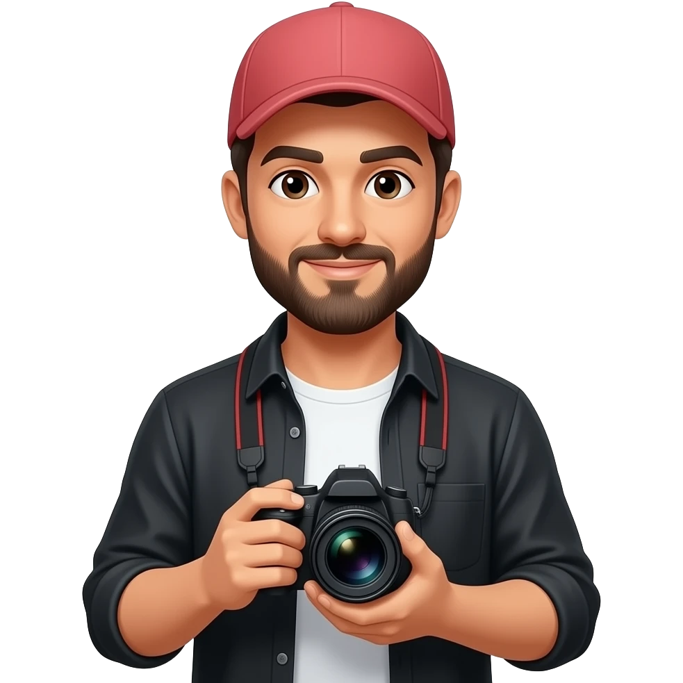 Dark haired, bearded guy in a light-red cap. He's wearing a white tshirt and a black overshirt and holding a camera emoji