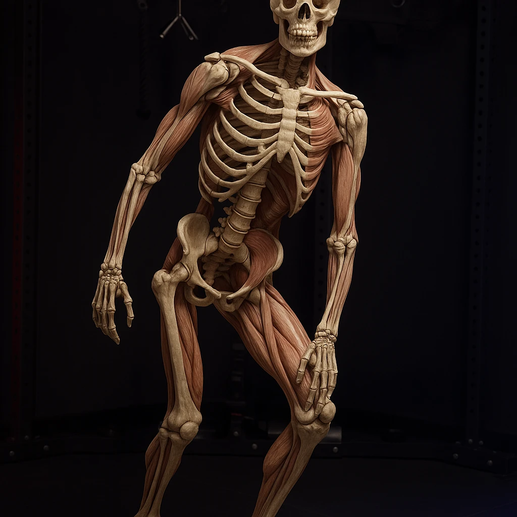 Hyperrealistic anatomical view of the same pose: tilted pelvis, valgus knee, pronated foot, with detailed visible bones and muscles, gym environment, 4K quality. Variant 1: more pronounced pelvis tilt. emoji