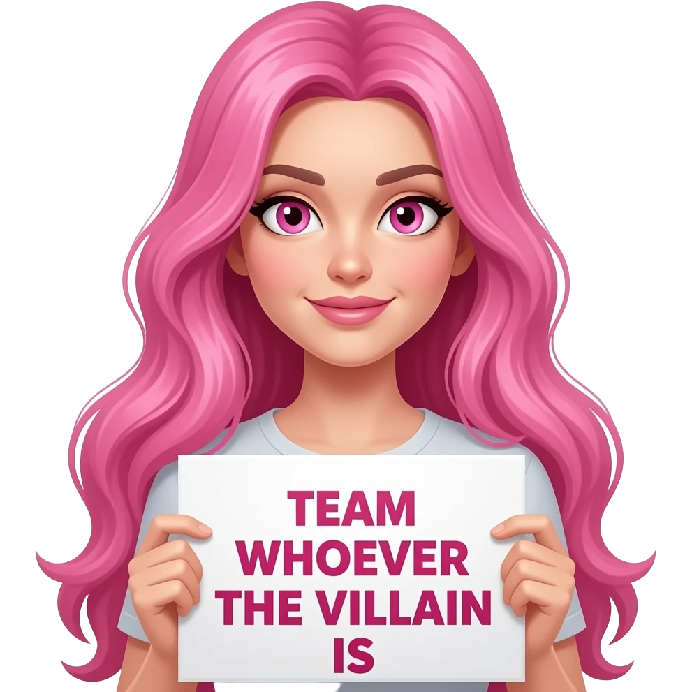 sexy girl with long pink hair and pink eyes holding a TEAM whoever the VILLAIN is sign emoji