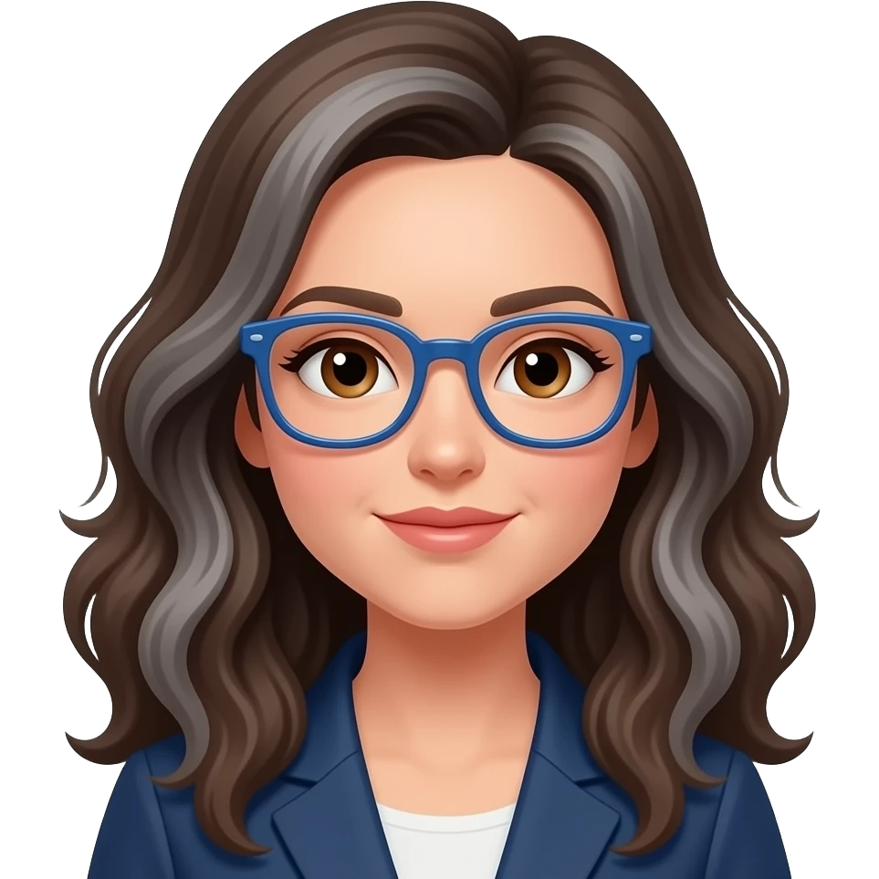woman peachy white skin, light brown eyes, dark brown and grey long curly hair with a little bit of grey hair), blue glasses emoji