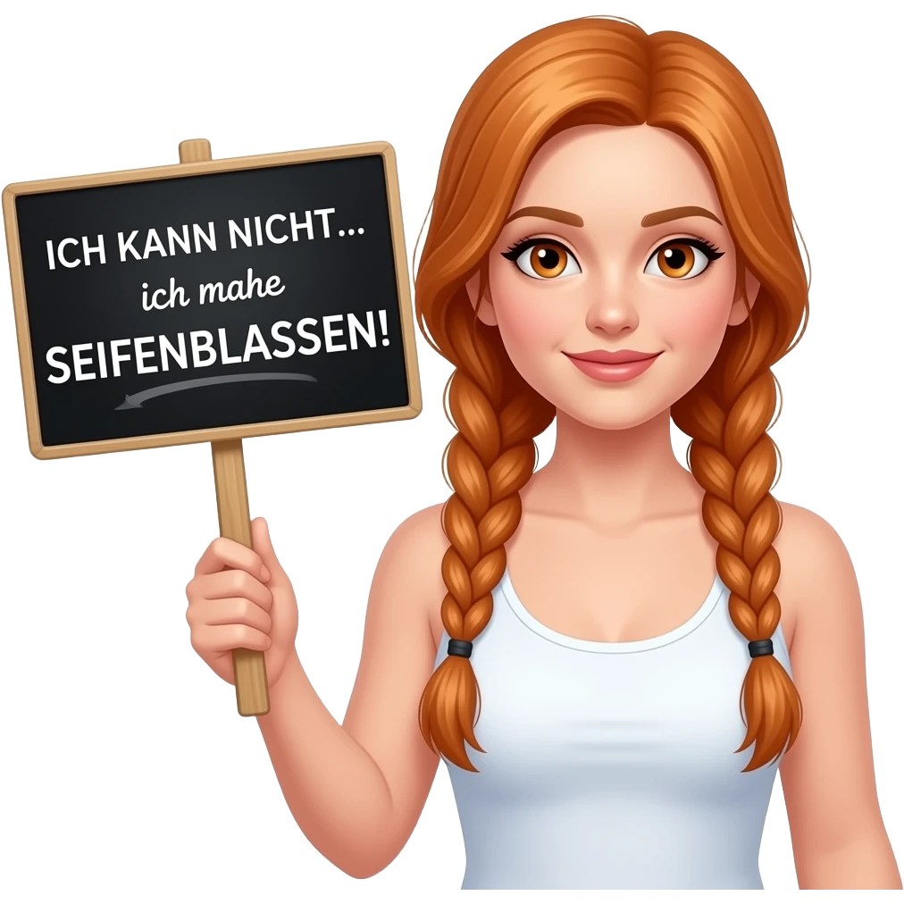sexy girl with long ginger braids and ginger eyes wearing a white tanktop is holding a black sign with ICH KANN NICHT... ich mache SEIFENBLASEN! written on it emoji