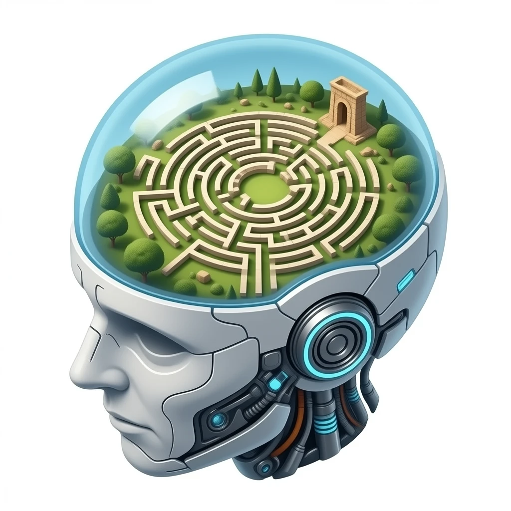 synthwave - a view from above into an open futuristic cybernetic head that contains the space of an ancient labyrinth emoji