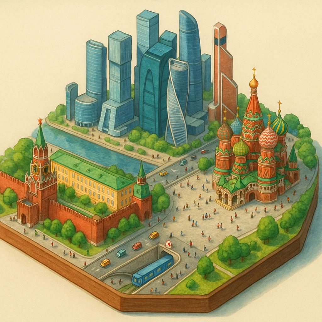 Изометричная миниатюрная 3D модель Москвы на подставке - фотореалистичный Кремль, собор Василия Блаженного, фотореалистичный Башни Москва-Сити, аккуратная детализация, яркие цвета, мультяшный реализм, гуляют люди и современный автотранспорт и метро, компактная композиция, вид сверху в изометрии emoji