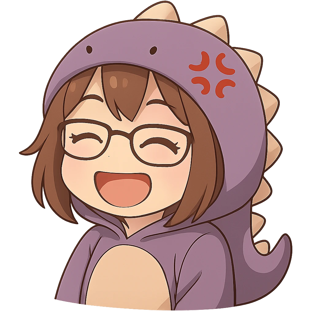 Chibi anime style gamer girl with glasses, brown hair, dark purple eyes, wearing a purple dinosaur costume, making a laughing emote, no controller, same style as reference, no background. emoji