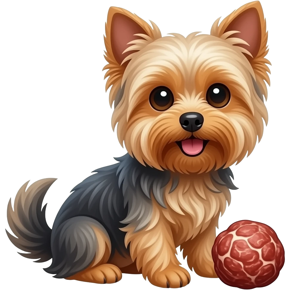 Happy Yorkie dog  long tail   long ears sitting with meatball emoji