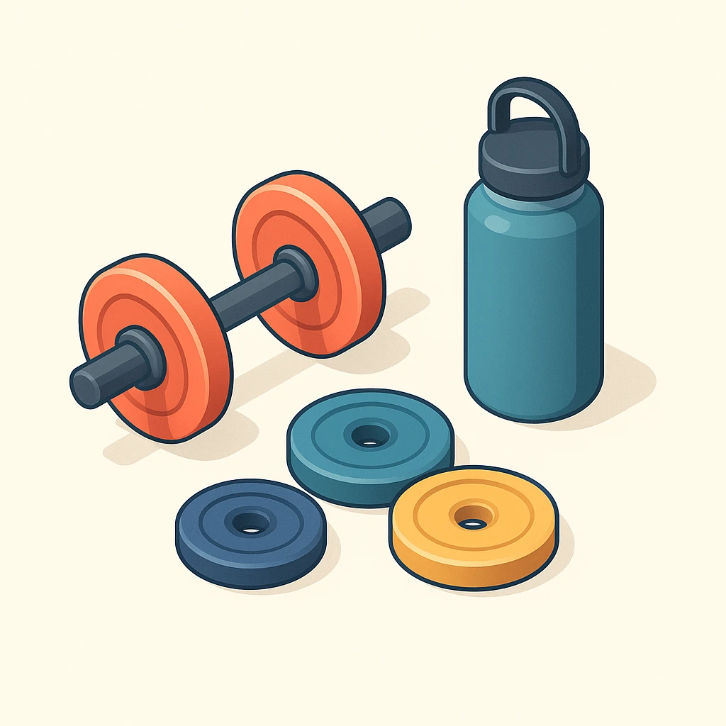 isometric 3d illustration of gym weights and a hydroflask, clean and modern, balanced composition, no text emoji