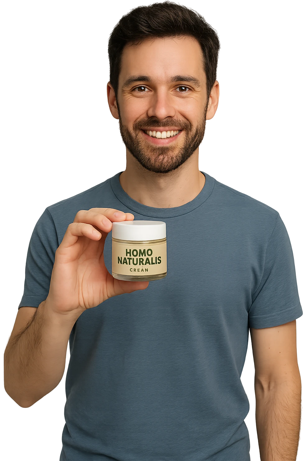 uomo con in mano un prodotto crema di marca "Homo Naturalis" emoji