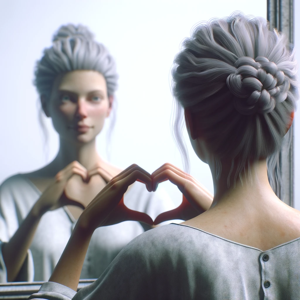 DONNA DI SPALLE CHE SI GUARDA ALLO SPECCHIO CREANDO UN CUORE CON LE MANI, iperrealistico 4k emoji