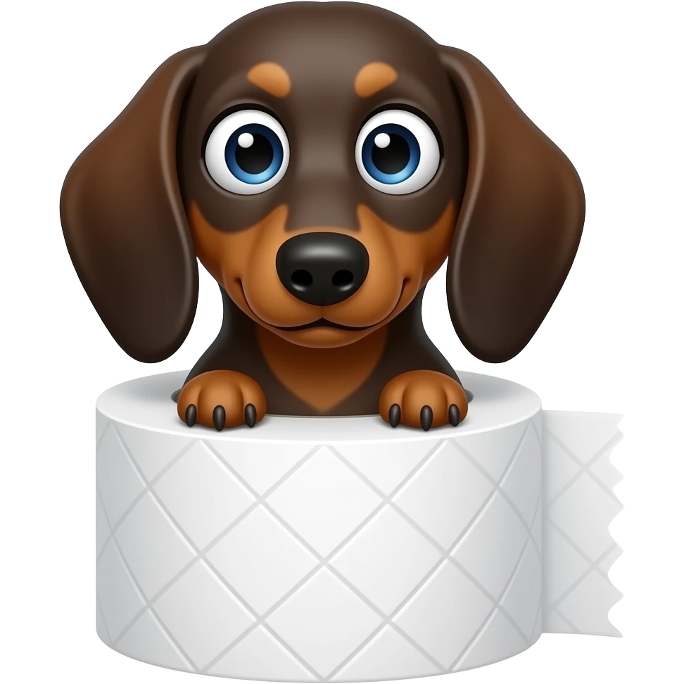 whimsical dachshund wide eyes full body sitting on a toilet paper emoji