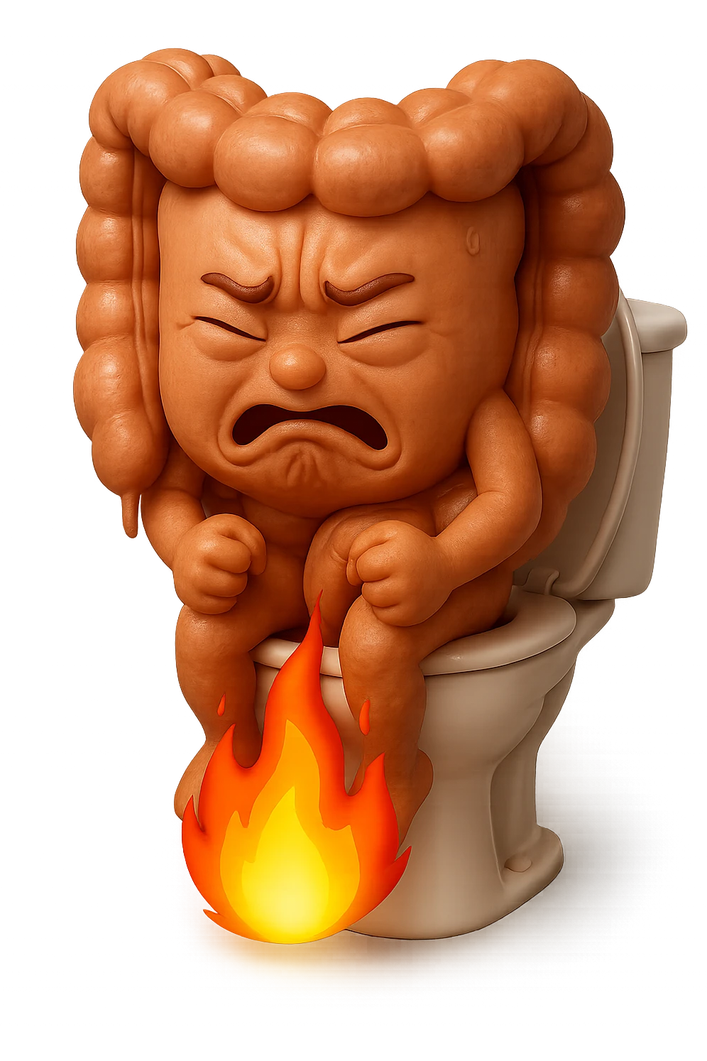 SU QUESTO STILE FAI UN EMOJI STILE IPHONE 3D DI UN INTESTINO CHE sta seduto sul wc e dal wc in mezzo alle sue gambe esce una fiamma stile emoji iphone, FAGLI UN ESPRESSIONE di dolore mentre si sforza E FALLO MOLTO REALISTICO IN 3D emoji