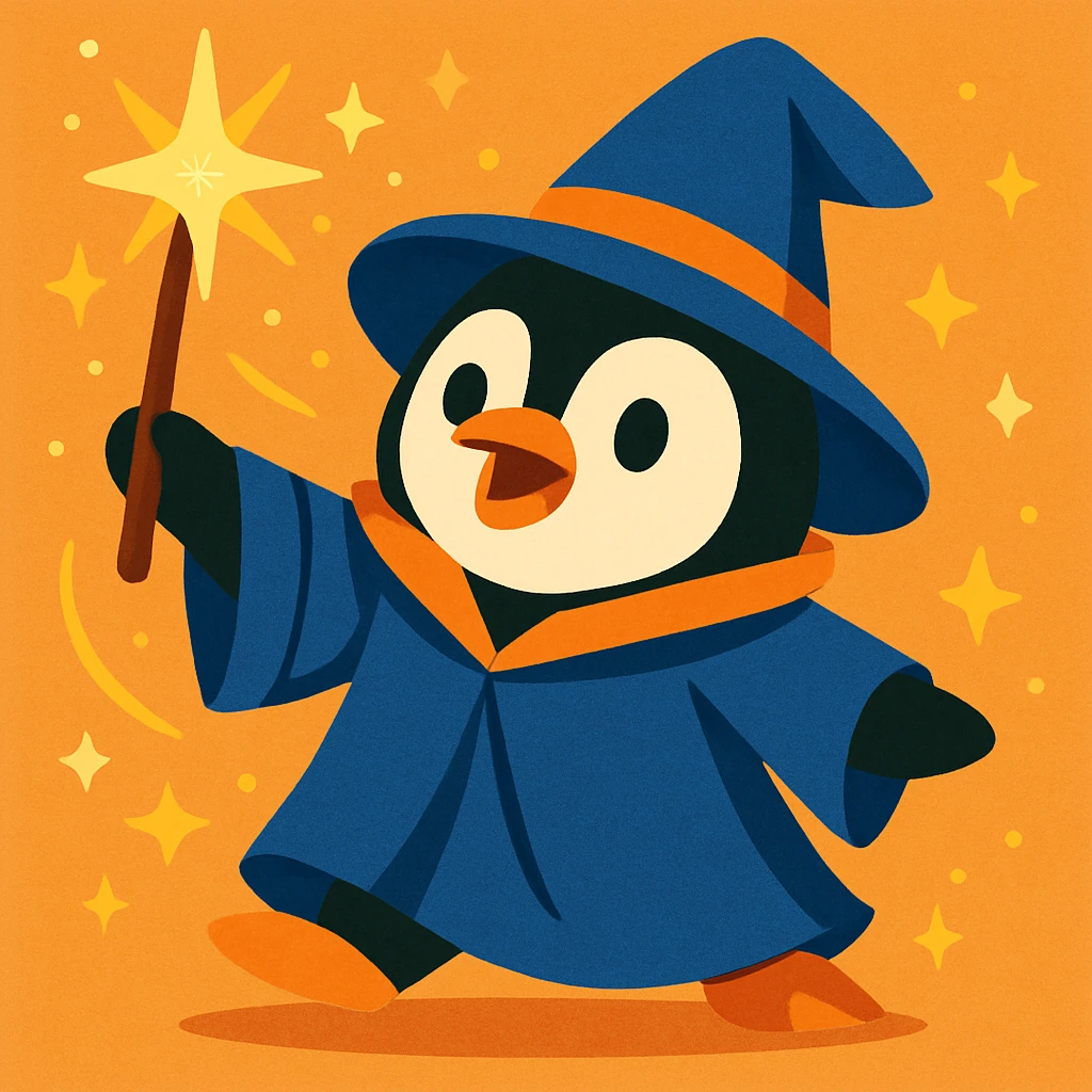 a cute penguin wizard casting a spell, wearing a robe and holding a wand, magical sparkles around, fun and whimsical style emoji