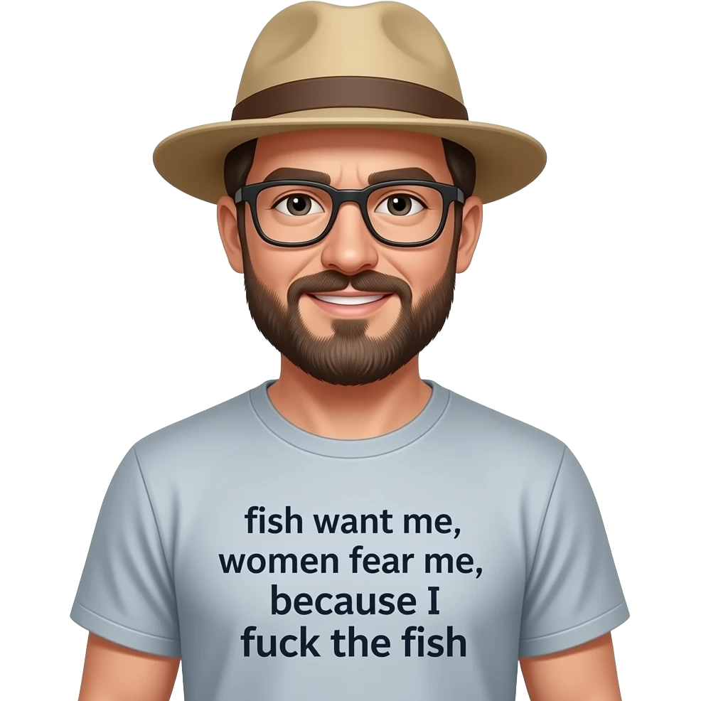 A fisherman wearing a t shirt that says “fish want me, women fear me, because I fuck the fish” emoji