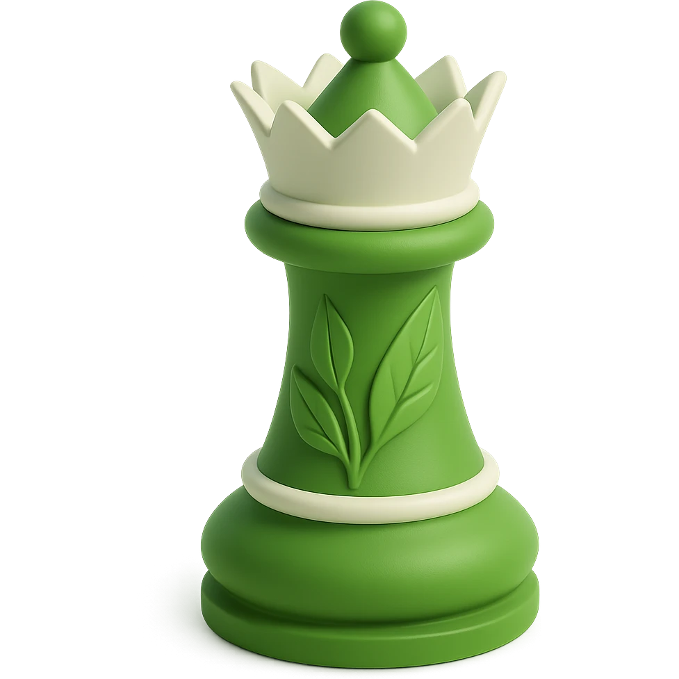 Create a 3D render of a king chess piece that is elegant and detailed, matching the queen piece with green leaf details and a polished finish. Remove the background to isolate the subject. emoji