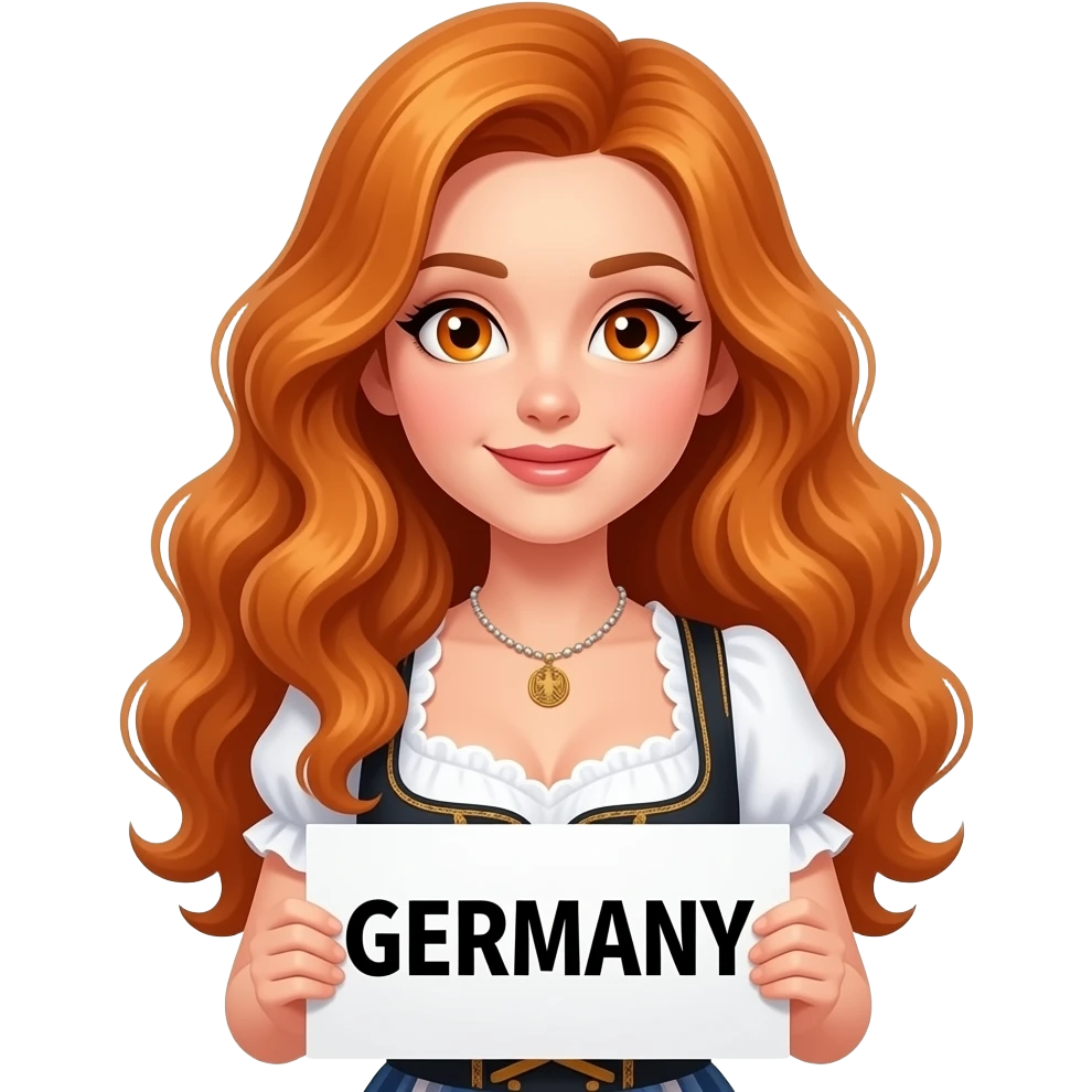 sexy girl with long curvy ginger hair and ginger eyes wearing a dirndl is holding a GERMANY sign, emoji