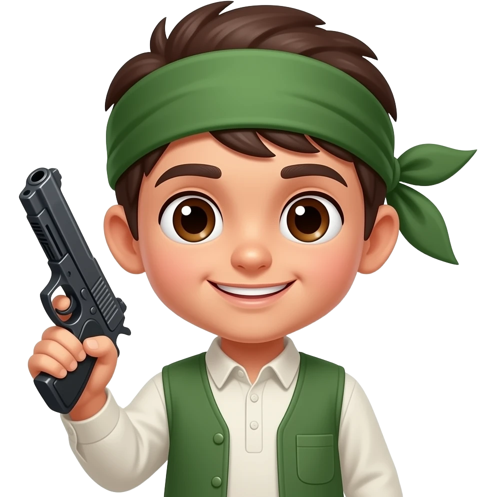 Muslim kid with green bandana, and a gun emoji