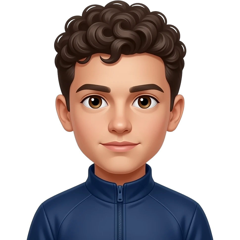 Stronger dark brown eyebrows , Dark brown curls grown out to the ears  16 year old Boy,Slightly tanned complexion, dark brown curls, dark blue Trainingjacket,very Light flut, small lips, dark brown eyes, small nose, medium ears,bosnian emoji