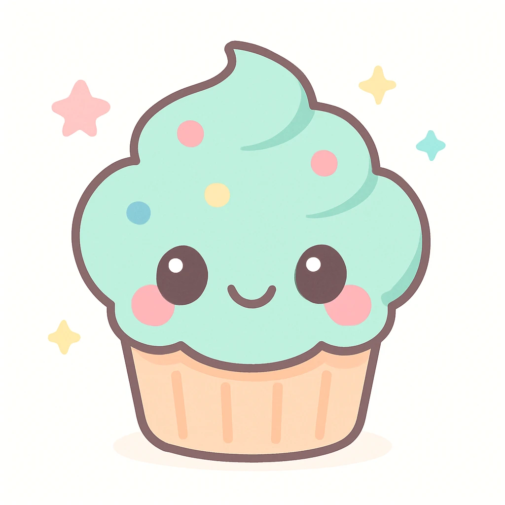 cute food character, smiling cupcake, kawaii style, blushing cheeks, simple background emoji