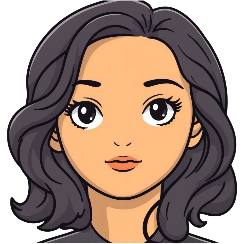 woman face with big grey eyes, medium skin tone, and black wavy hair emoji