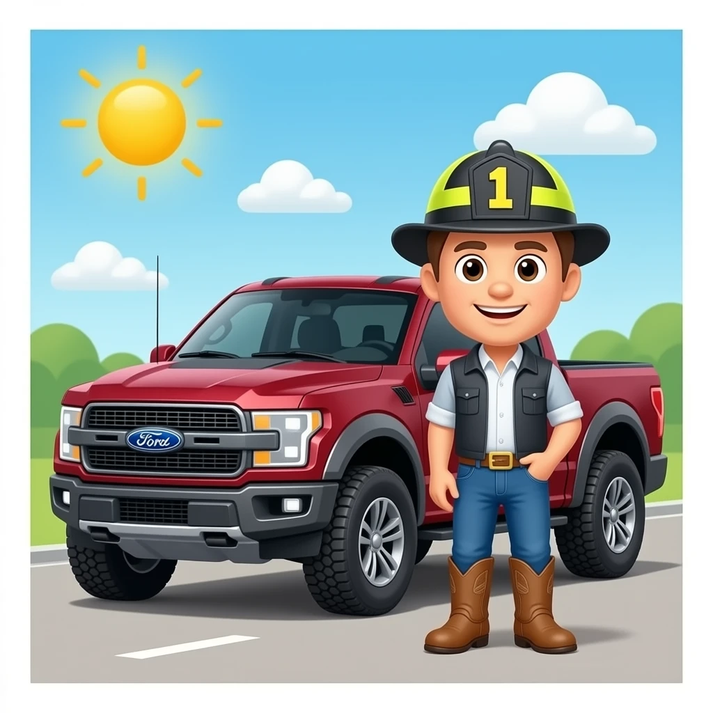 Cartoon emoji-style man in jeans, cowboy boots, and a firefighter helmet standing next to a black Ford Bronco in a garageMake the an to ford bronco marsh color in a garage emoji