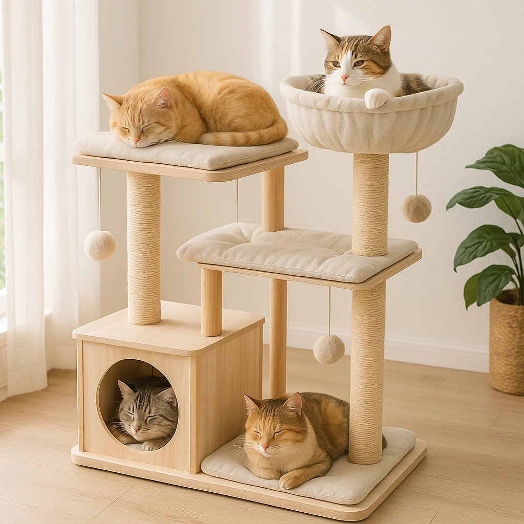 cats relaxing in a vertical playhouse emoji
