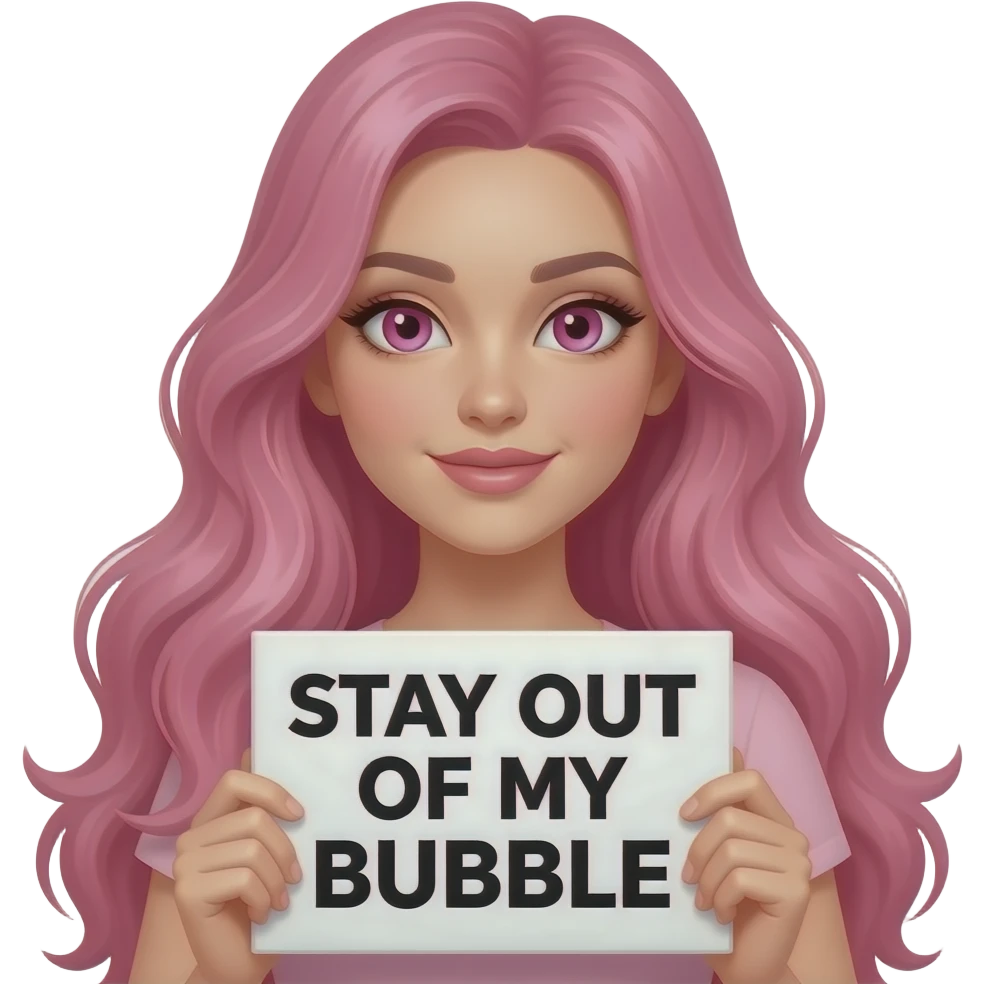 sexy girl with long pink hair and pink eyes holding a STAY OUT OF MY BUBBLE sign emoji