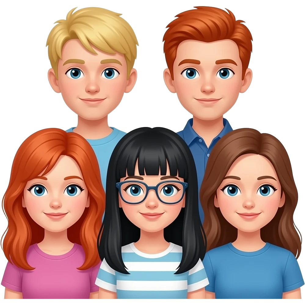 6 persopns, 4 girls, 2 boys. 1 boy and 2 girls have red head. 1 boy has blonde. 1 girl has long black hair and glases emoji