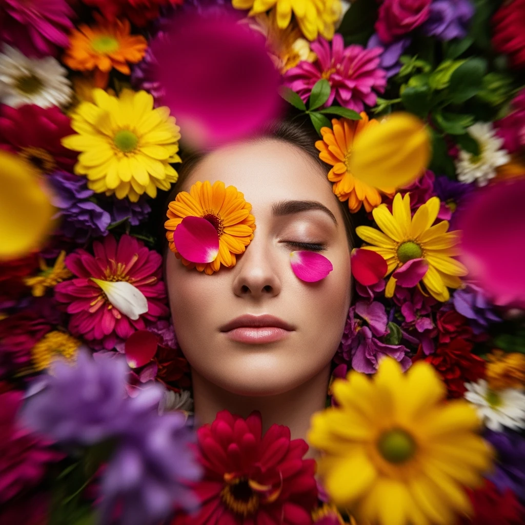 Camera drom top, Motion blur Extreme Closeup photo of a beautifull woman lay around beautifull colorfull flowers, cinematic light, 8K, very detailed, sharp, depth (foreground, midground, background) emoji