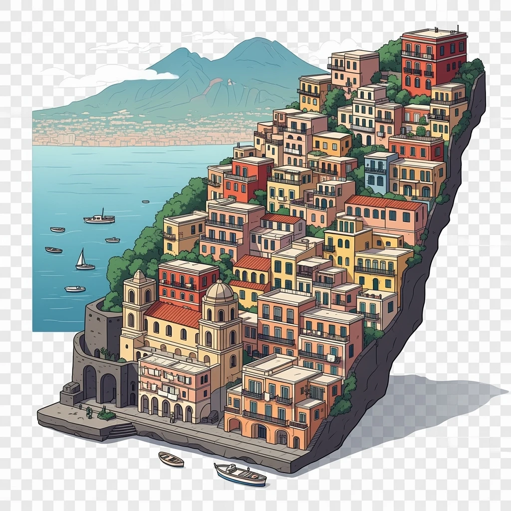 Isometric illustration of Naples, featuring colorful stacked coastal houses and Mount Vesuvius in the background, highly detailed in semi-realistic style with sharp outlines, balanced between stylized and realistic, 3D miniature effect, transparent background. emoji