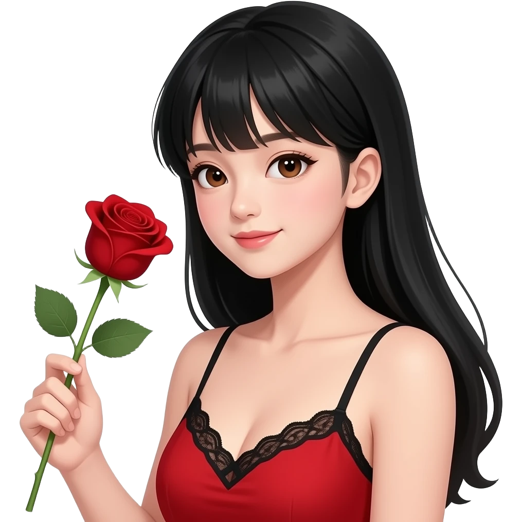 Asian girl with black long hair (no bangs), pretty brown siren eyes, a red dress, thin strap, with the top of a black bra showing laced, make her look attractive  have her head tilted to the side holding a blood red color rose make her look 15 years old and looking at the rose emoji