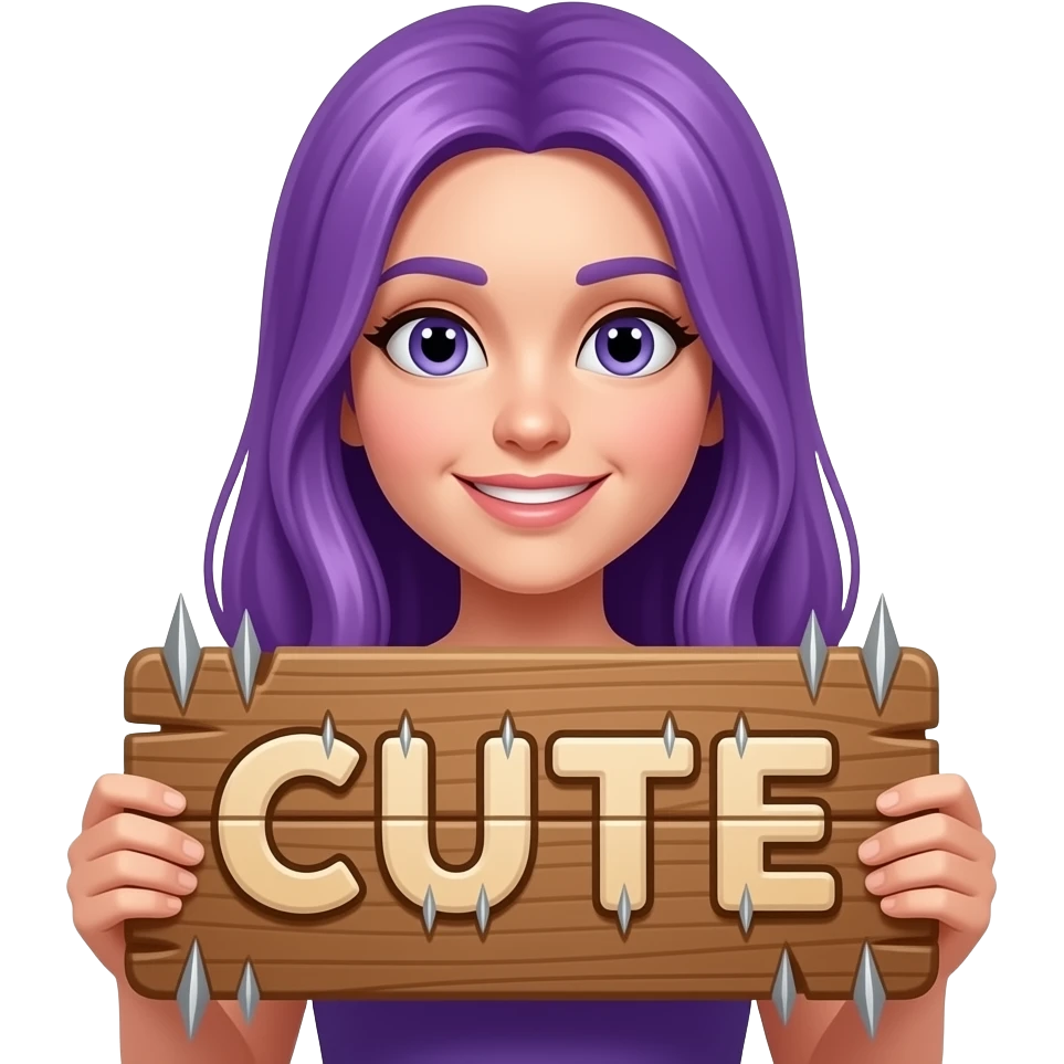 girl with long purple hair holding a CUTE but STABBY sign emoji