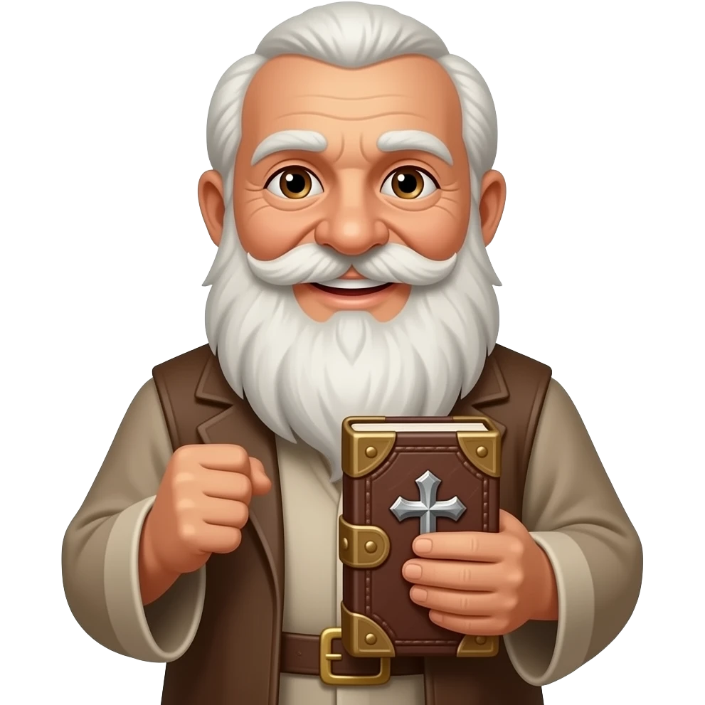 wise old man light brown skin brown eyes white beard smile with book that has a cross on it emoji