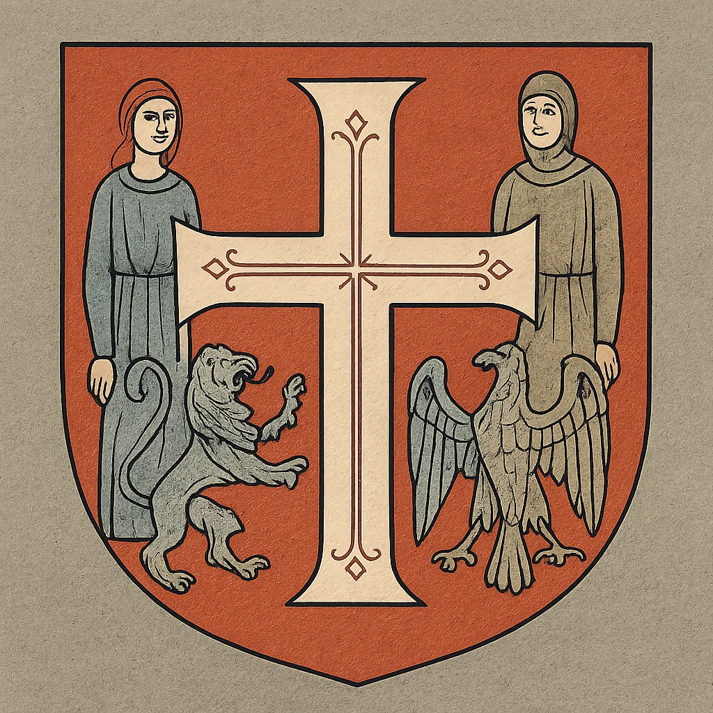 medieval heraldic blazon with red background, prominent white cross at the center, symmetrical style, finely detailed emoji