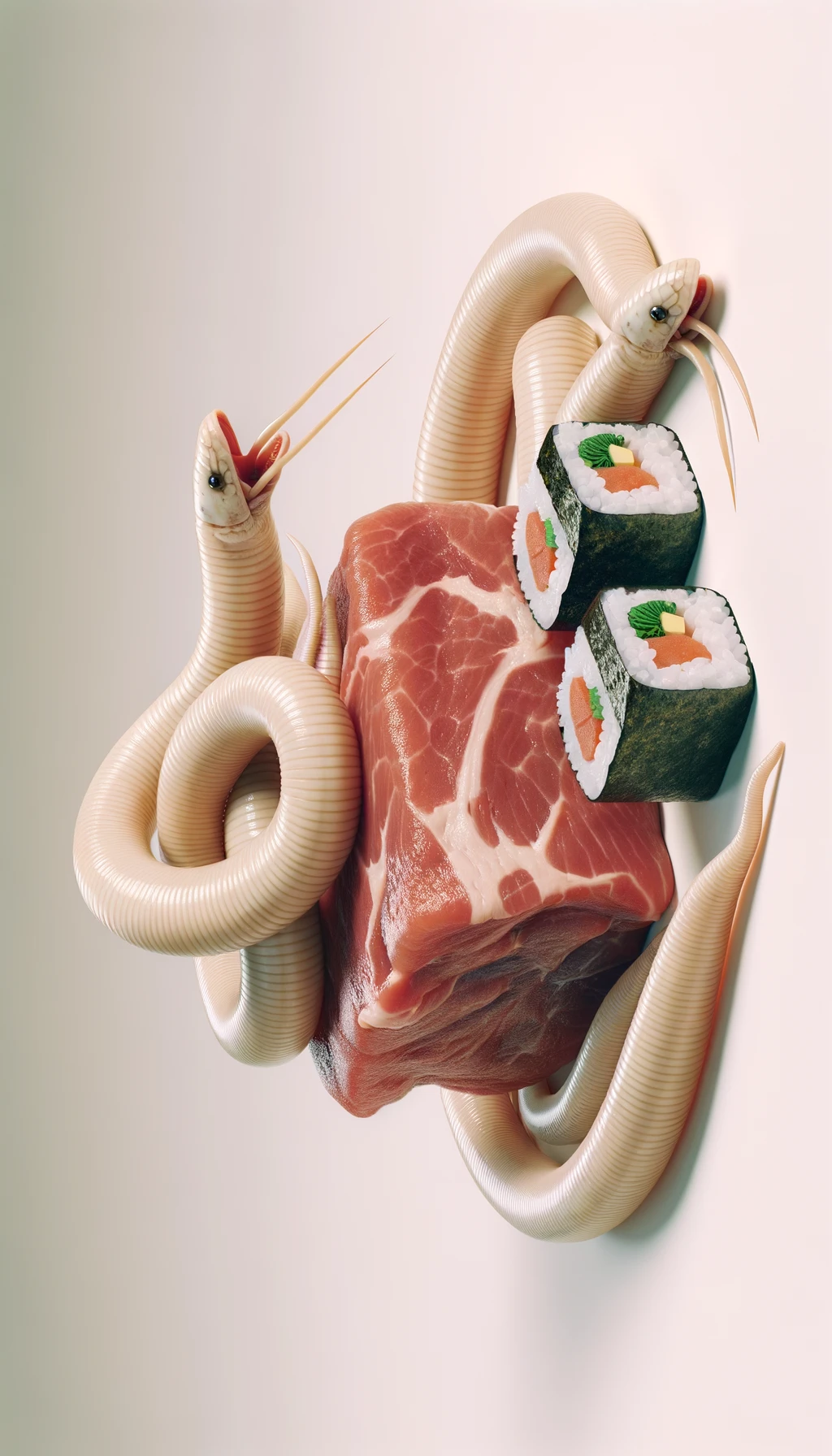 carne cruda fluttua insieme a sushi, intorno a loro fluttuano vermi lunghi e beige chiaro, sfondo neutro chiaro, iperrealistico 4k emoji