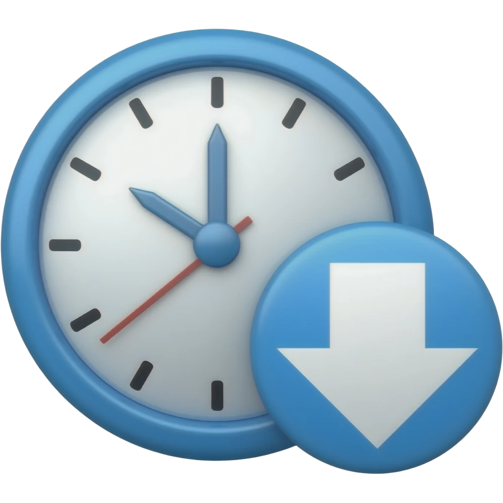 Minimalist icon of a hospital with a fast clock and a downward arrow, reducing wait times, AI efficiency, flat vector, blue and white. emoji