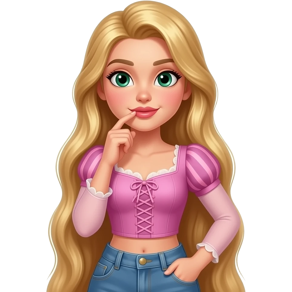 Beautiful young woman with her finger on her Naturally big lips and has very dark blonde hair and looks very seductive but pretty and has almond eyes that are dark green and she kinda looks like rapunzel but is wearing jeans and a pink crop top and looks realistic emoji