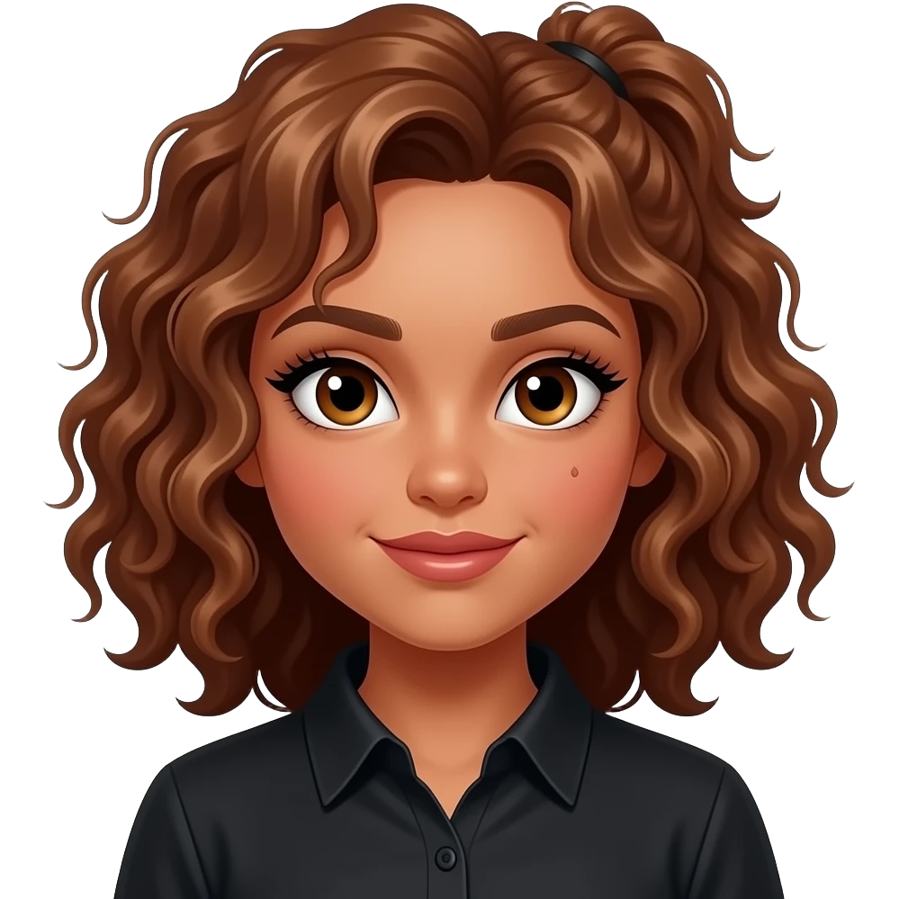 girl with slightly curly brown, slightly reddish hair in a ponytail, dark-goldenish-brown skin, big brown eyes, long lashes, thick eyebrows, a single dimple on her left cheek, vampire shirt. emoji