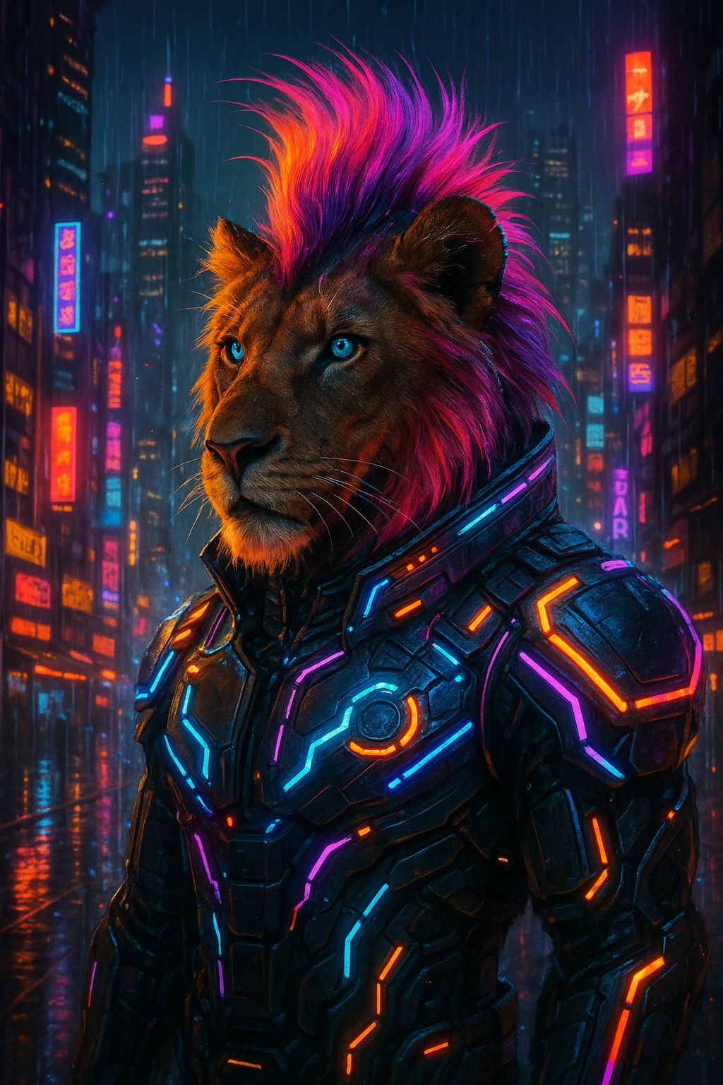 a lion in a cyberpunk suit with a mohawk, LED lights, cityscape background, cyberpunk theme emoji