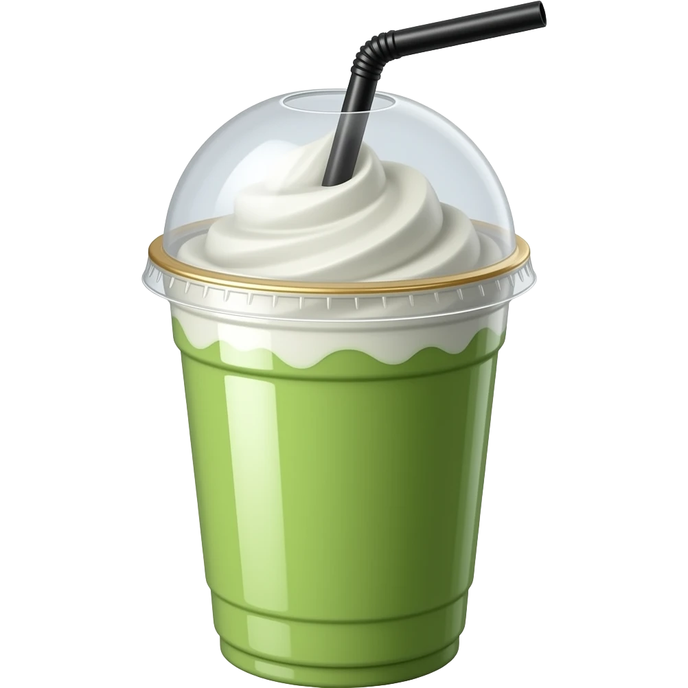Image hyperréaliste et accrocheuse d'un gobelet en plastique de matcha avec de la chantilly et une paille noire. Ajoute subtilité pour renforcer l'impression de luxe de la scène. L'ensemble est isolée sur un fond blanc. emoji