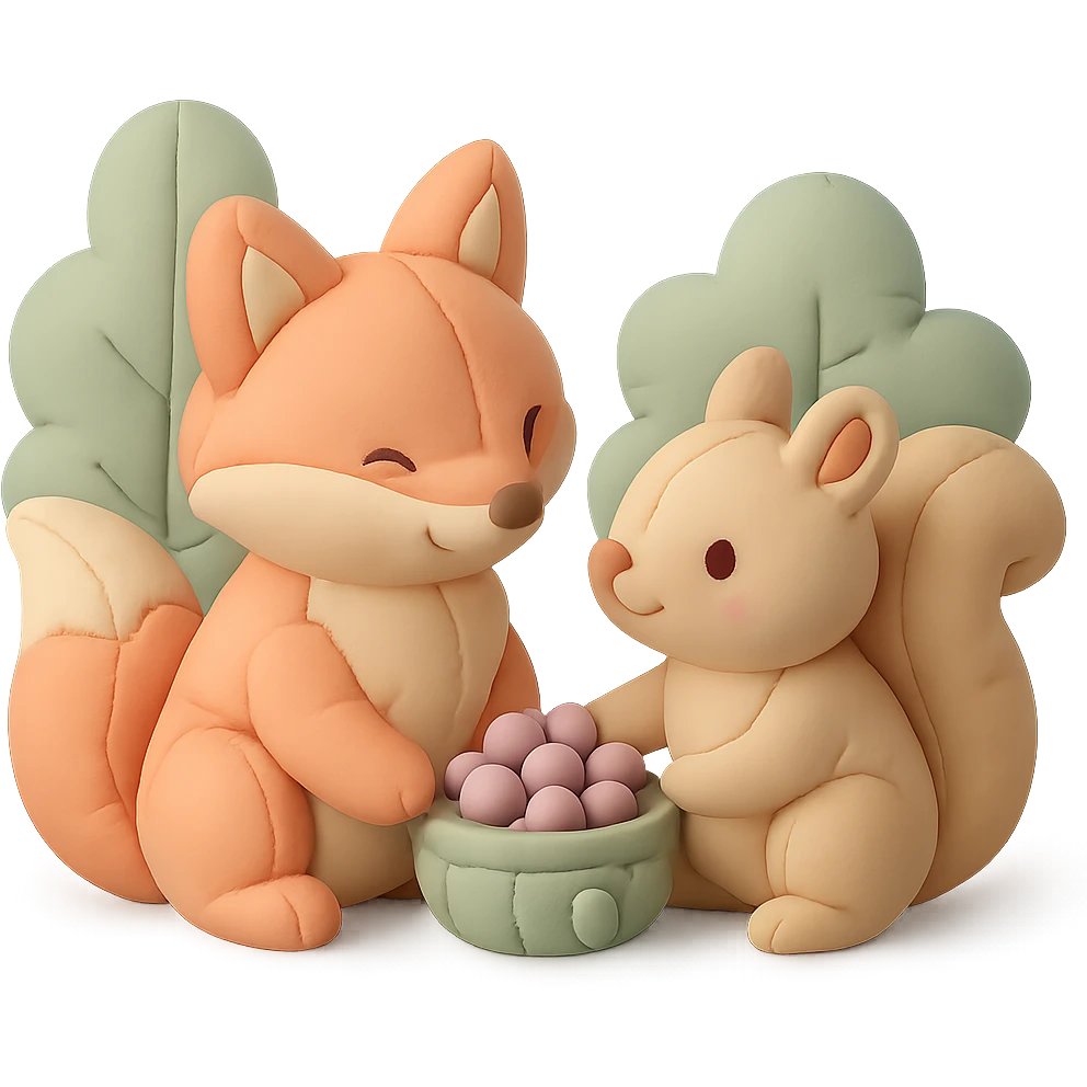 fox and squirrel sharing berries in a forest friendship scene, soft pastel colors, cushion style emoji