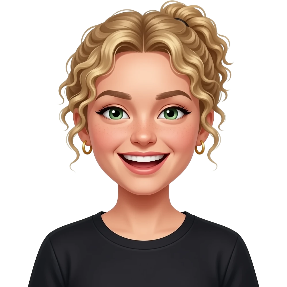 Create girl with super curly hair and green eyes and curly dirty blonde hair, and give her gold small hoop earrings, and give her a black t shirt, and pull her hair back a little bit into a low bun, and make her look like shes laughing hard with her eyes half shut emoji