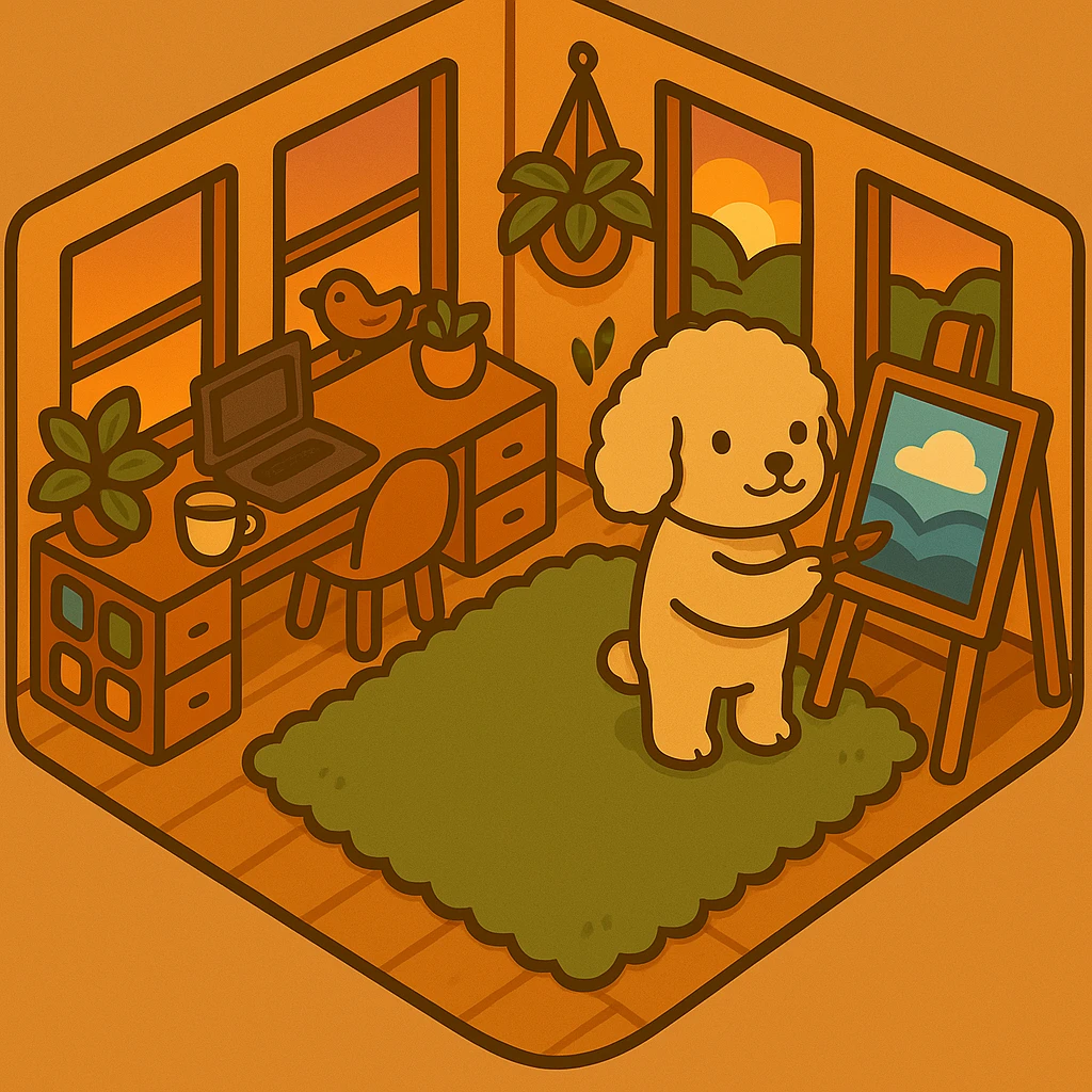 Move the brush to the character's other hand, keeping the original style, colors, and strokes of the image. The character should continue painting the canvas. emoji