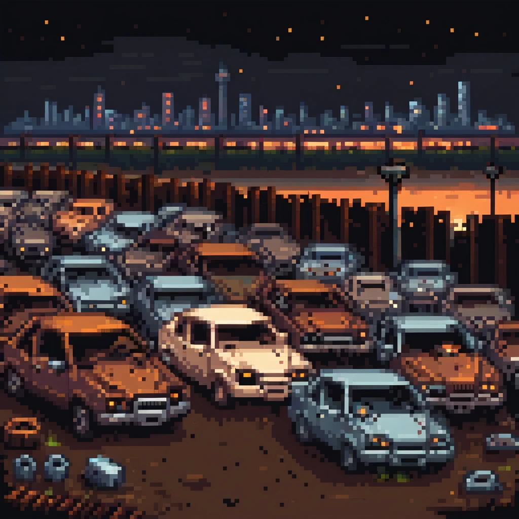 Pixel art junkyard at night, crushed cars, rusty metal, broken fence, flickering light, city lights far in the background, vertical 9:16 scene, side-view camera, retro arcade fighting stage
 emoji