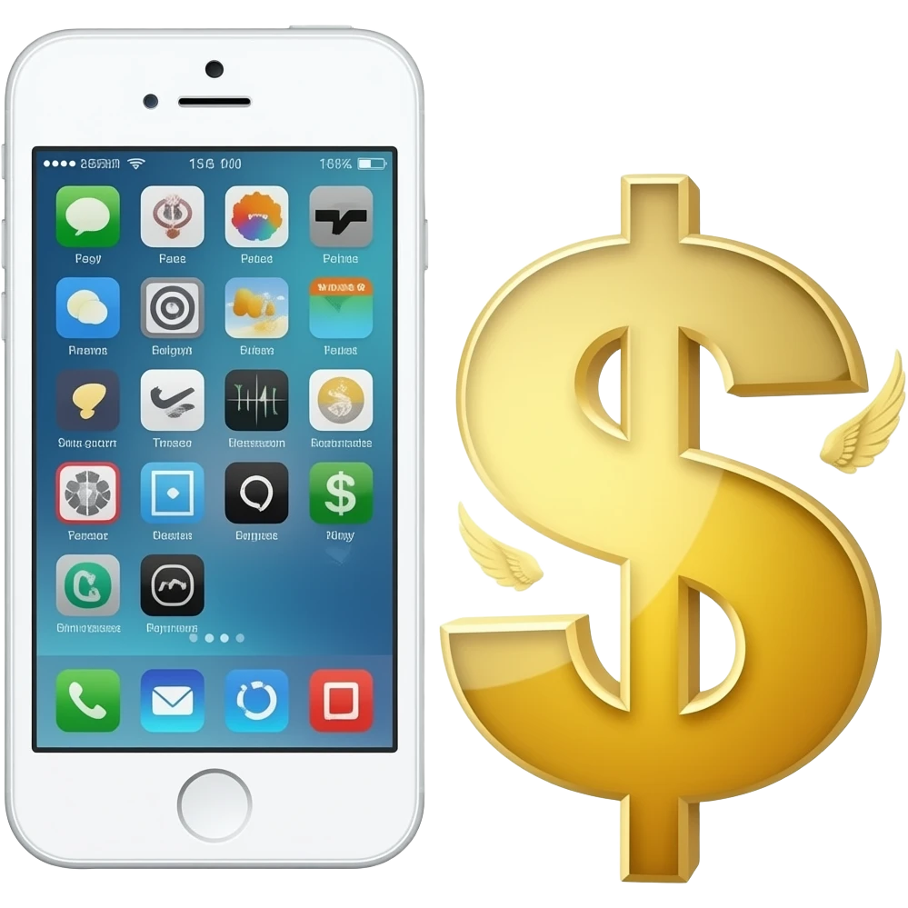 A white iPhone 5s with a dollar sign featuring wings next to it emoji
