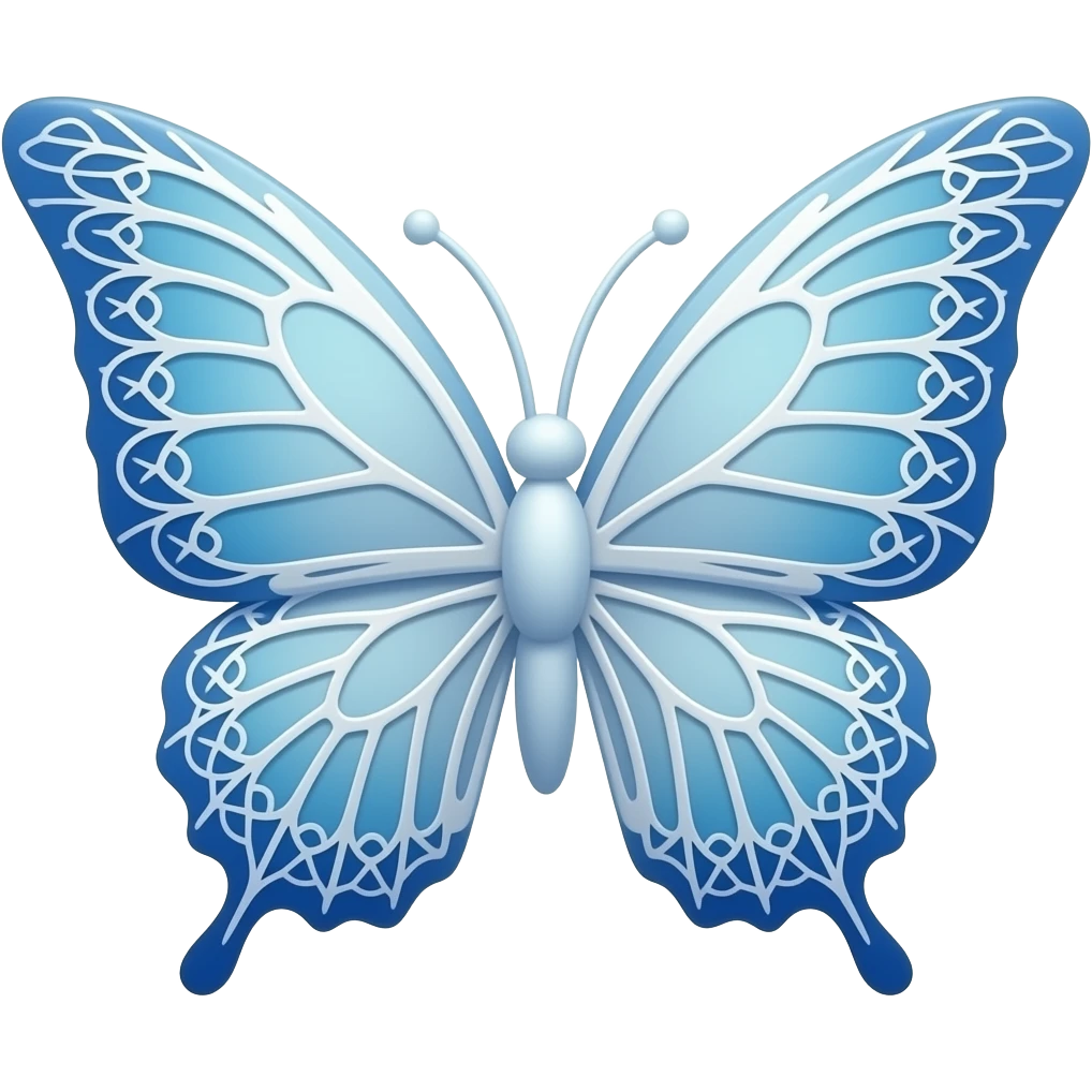 3D emoji gothic butterfly, subtle light blue soft, subtle blue gradient white filigree, subtle gradient blue lace trim,, elegant emoji